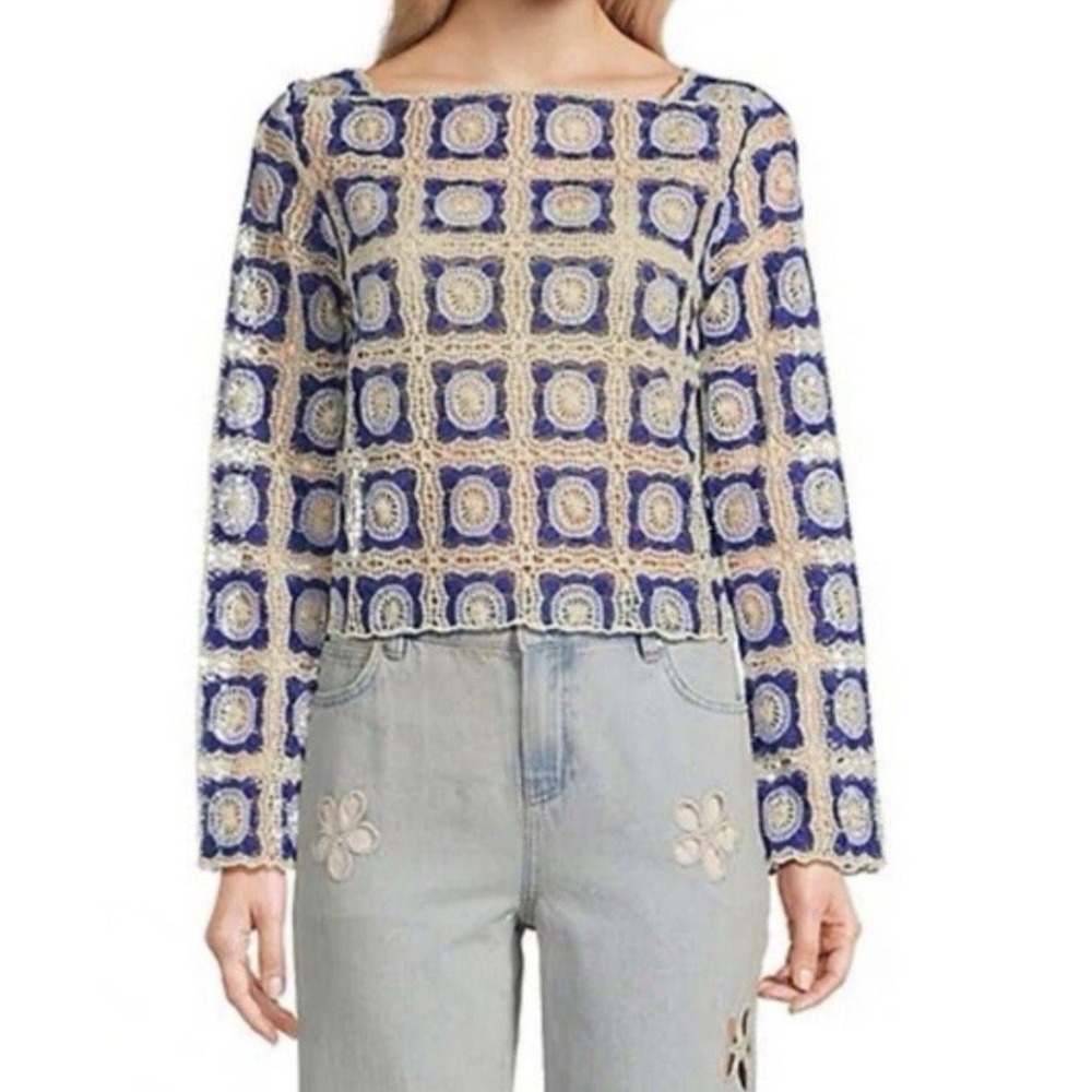 Chelsea & Violet Crochet Granny Square Shirt Womens Large Boho Chic Hippie